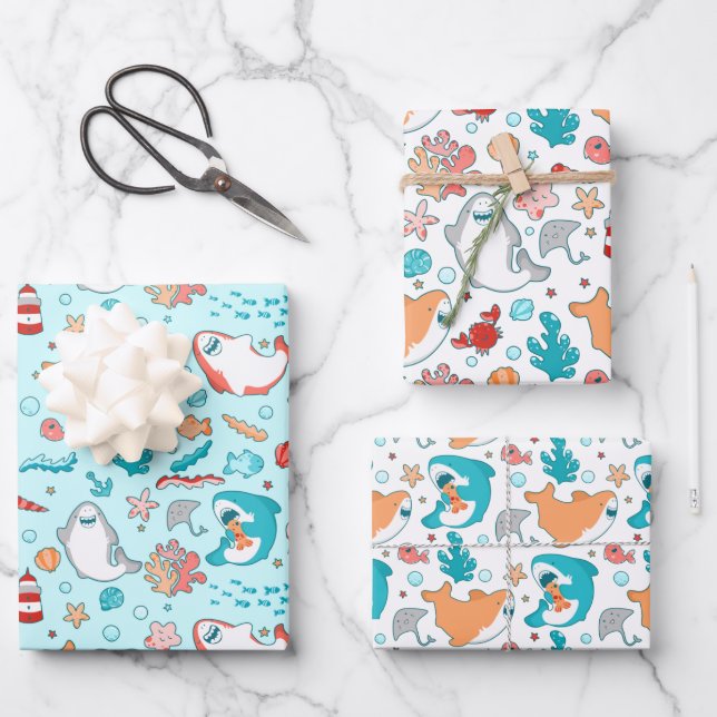 Cute Shark Pattern Wrapping Paper Sheet (Front)