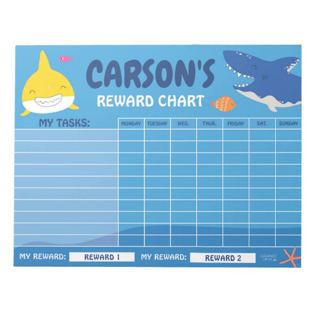 Cute Shark Reward Chart Personalised Name & Tasks Notepad (Front)