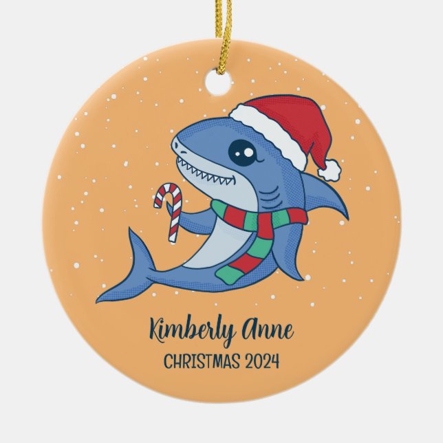 Cute Shark Santa Christmas Snowy Winter Holiday Ceramic Tree Decoration (Front)
