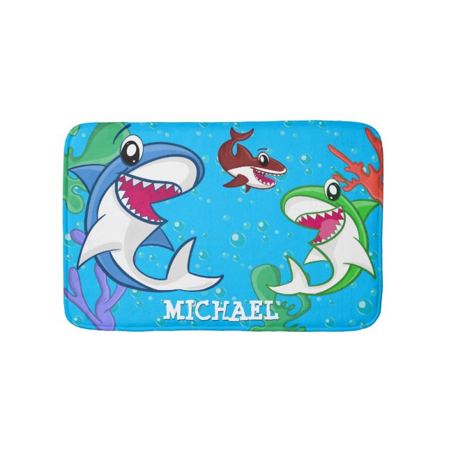 Cute Shark Sea Life Ocean Customisable Name Kids Bath Mat (Front)