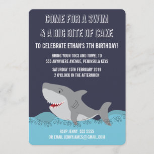 Cute Shark Theme Pool Party Boys Birthday Invite