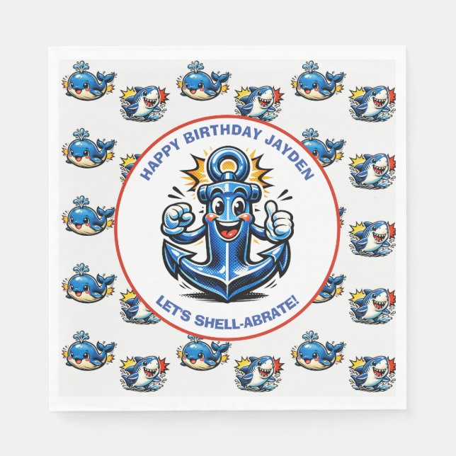 Cute Shark, Whale and Anchor Boy's Birthday Napkin (Front)