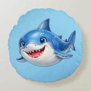 Cute Shark with Big Eyes Happy Ocean Animal Illust Round Cushion