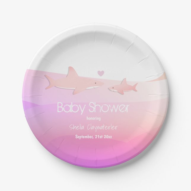 Cute Sharks and Ocean Pink | Baby Shower Paper Plate (Front)