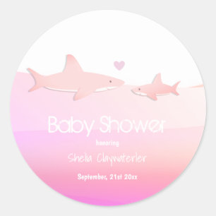 Cute Sharks and Ocean Pink   Baby Shower Sticker