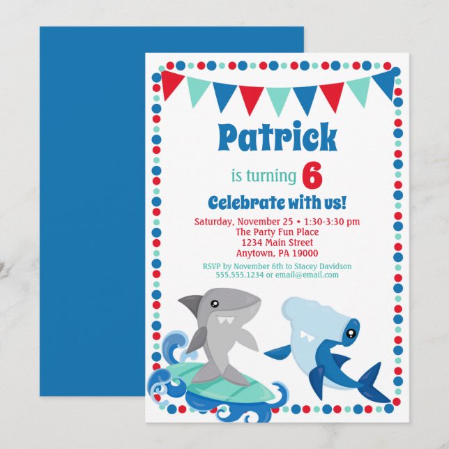 Cute Sharks Invitation Funny Birthday Party (Front/Back)