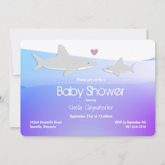 Cute Sharks Purple Ocean | Baby Shower Invitation (Front)