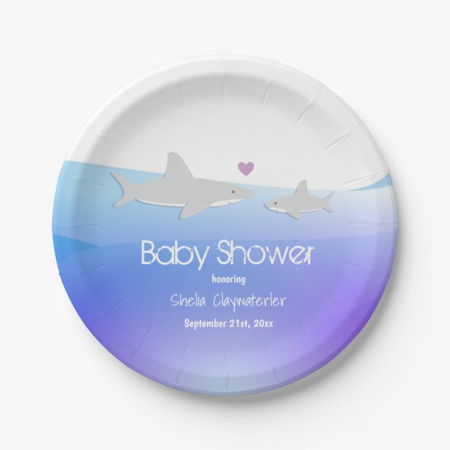 Cute Sharks Purple Ocean | Baby Shower Plates (Front)