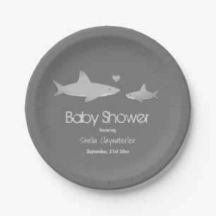 Cute Sharks Solid Grey Background   Baby Shower Paper Plate