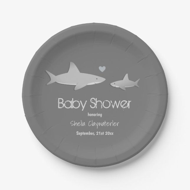 Cute Sharks Solid Grey Background | Baby Shower Paper Plate (Front)
