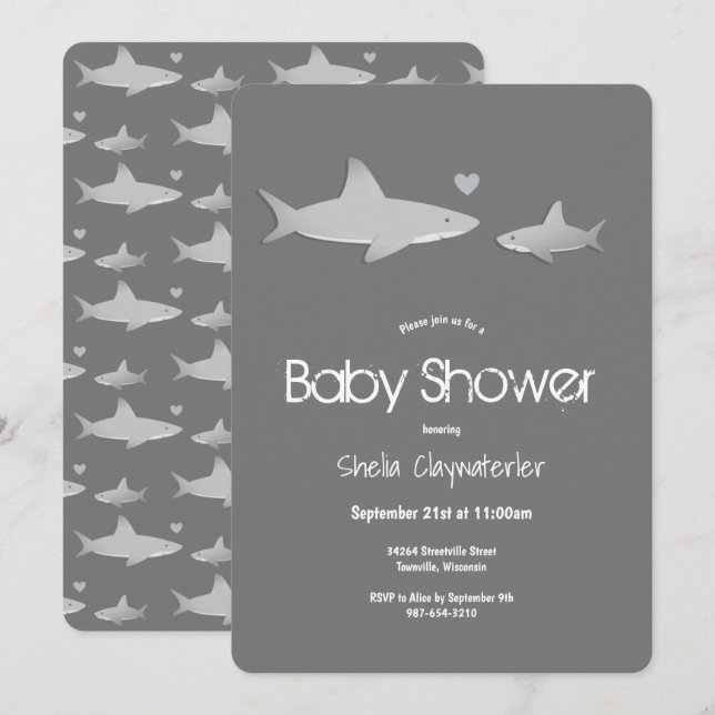 Cute Sharks Solid Grey Vertical Baby Shower Invitation (Front/Back)