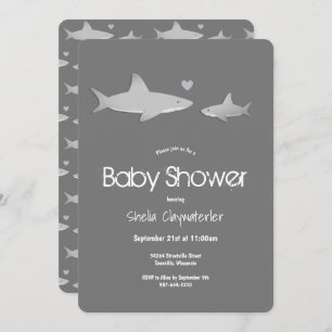 Cute Sharks Solid Grey Vertical Baby Shower Invitation