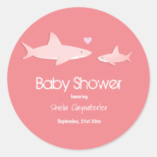 Cute Sharks Solid Pink Background   Baby Shower Classic Round Sticker