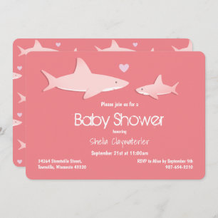 Cute Sharks Solid Pink Background Baby Shower Invitation