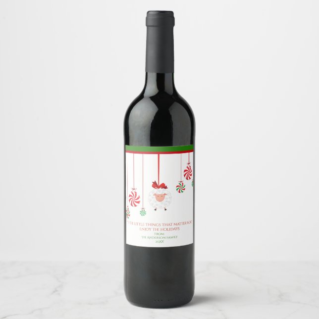 Cute Sheep and Christmas Candies Wine Label (Front)