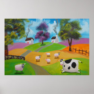 Cute sheep and cow folk painting by Gordon Bruce Poster