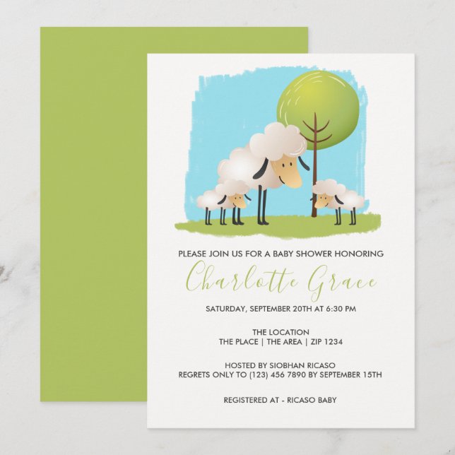 Cute Sheep And Lambs Personalised Twin Baby Shower Invitation (Front/Back)