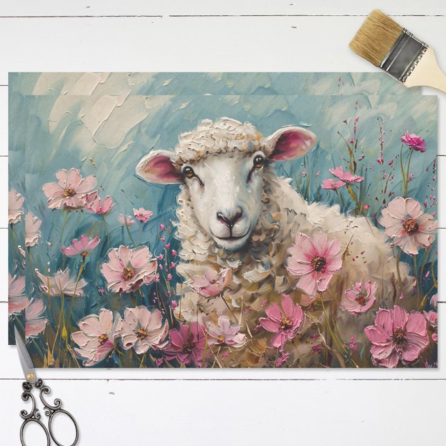 Cute Sheep and Pink Wildflowers Painting Decoupage Tissue Paper (Creator Uploaded)