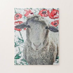 Cute Sheep Animal Red Poppy Flowers Jigsaw Puzzle