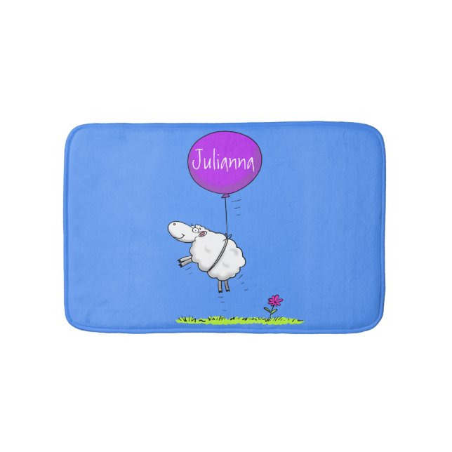 Cute sheep balloon cartoon humour illustration bath mat (Front)