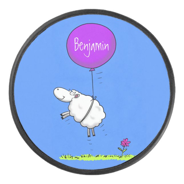 Cute sheep balloon cartoon humour illustration hockey puck (Front)