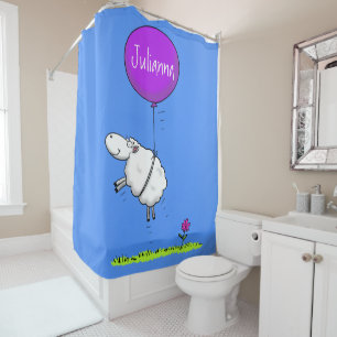 Cute sheep balloon cartoon humour illustration shower curtain