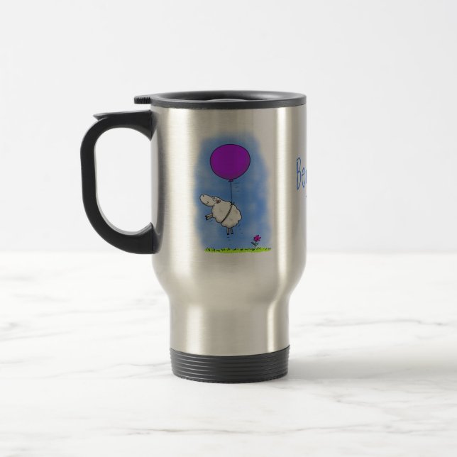 Cute sheep balloon cartoon humour illustration travel mug (Left)