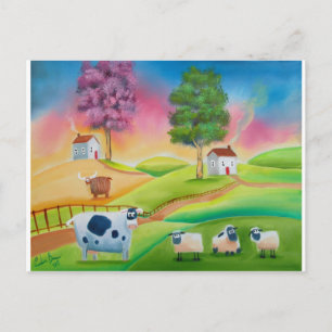 Cute sheep cows folk art naive painting G Bruce Postcard
