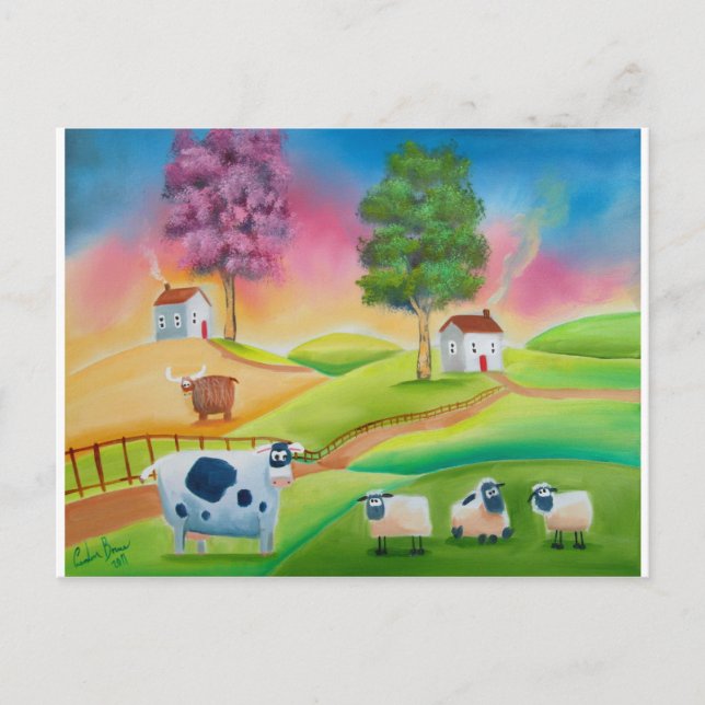 Cute sheep cows folk art naive painting G Bruce Postcard (Front)
