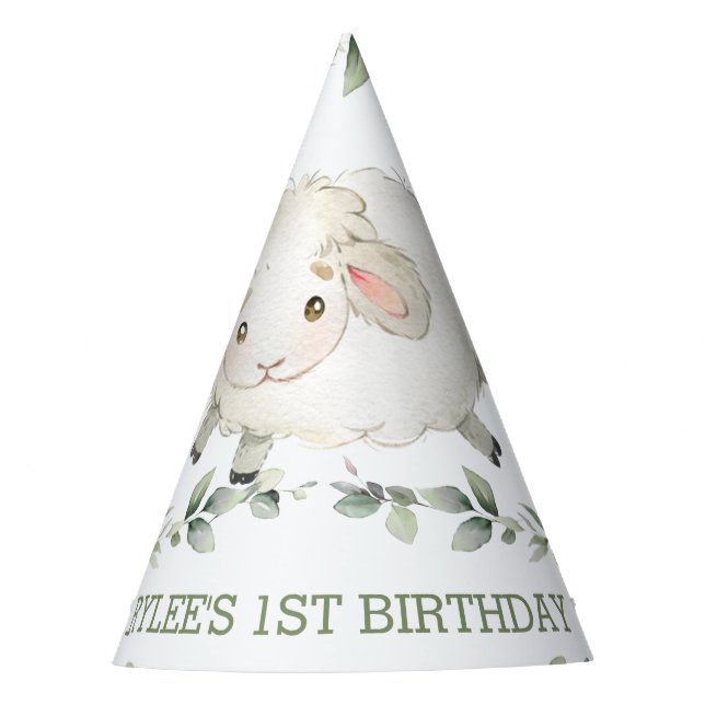 Cute Sheep Farm Greenery 1st Birthday Boy Girl   Party Hat (Front)