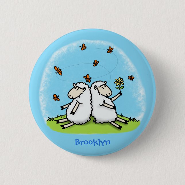 Cute sheep friends and butterflies cartoon  6 cm round badge (Front)