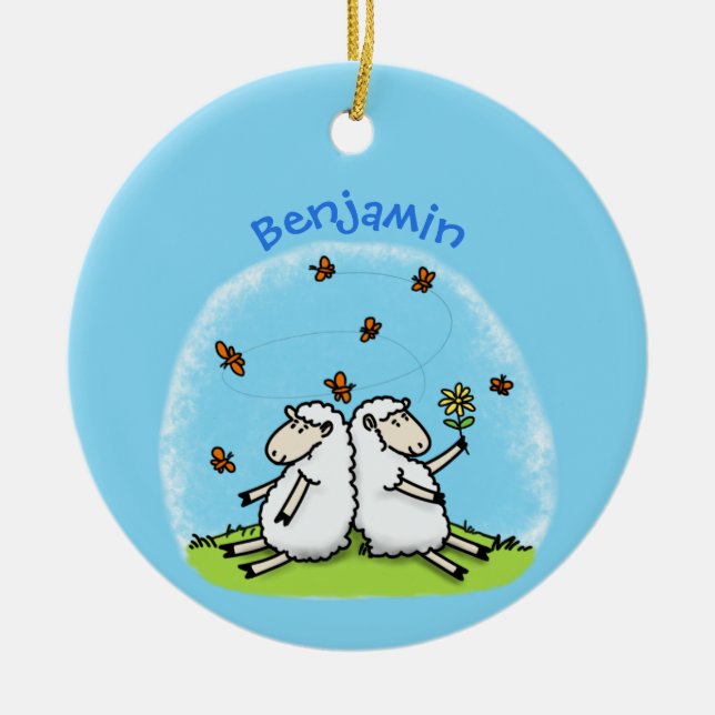 Cute sheep friends and butterflies cartoon ceramic tree decoration (Front)