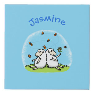 Cute sheep friends and butterflies cartoon faux canvas print
