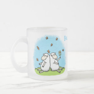 Cute sheep friends and butterflies cartoon frosted glass coffee mug