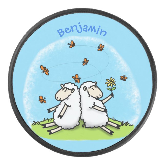 Cute sheep friends and butterflies cartoon hockey puck (Front)