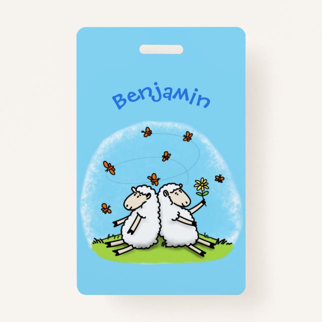 Cute sheep friends and butterflies cartoon ID badge (Front)