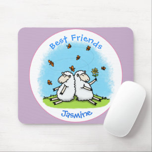 Cute sheep friends and butterflies cartoon mouse mat