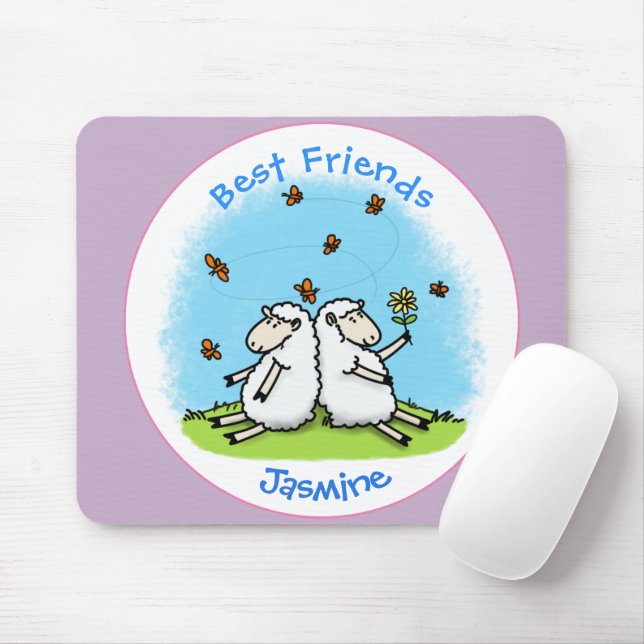 Cute sheep friends and butterflies cartoon mouse mat (With Mouse)