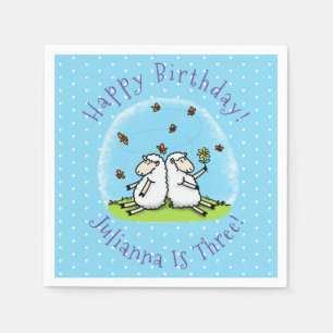 Cute sheep friends and butterflies cartoon napkin