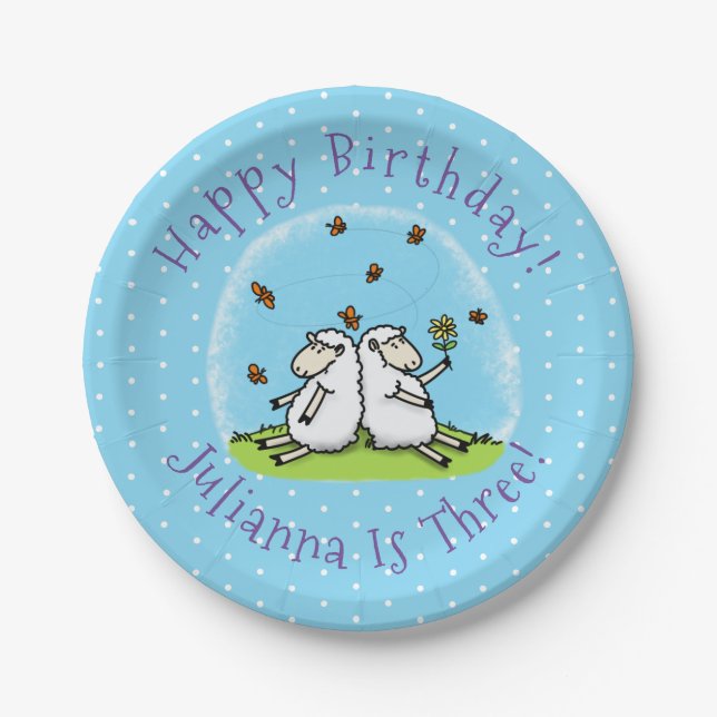 Cute sheep friends and butterflies cartoon paper plate (Front)