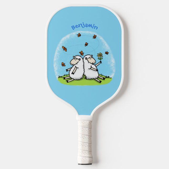 Cute sheep friends and butterflies cartoon pickleball paddle (Front)