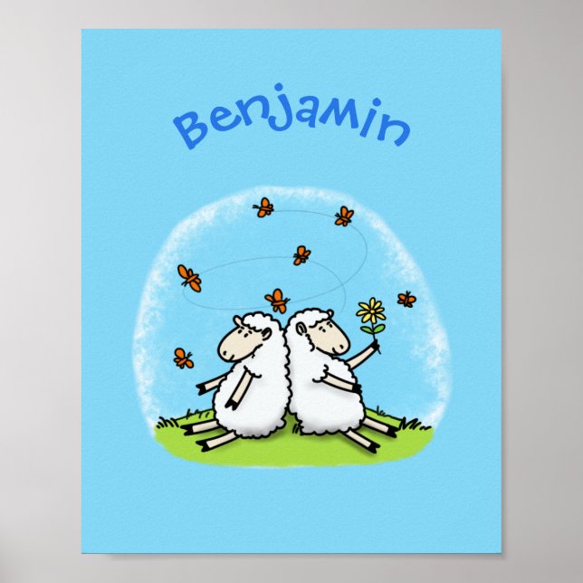 Cute sheep friends and butterflies cartoon poster (Front)