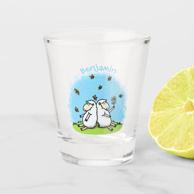 Cute sheep friends and butterflies cartoon  shot glass (Front)