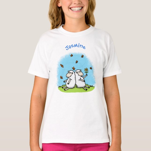 Cute sheep friends and butterflies cartoon T-Shirt (Front)