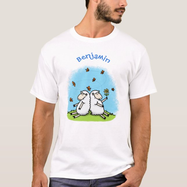 Cute sheep friends and butterflies cartoon T-Shirt (Front)