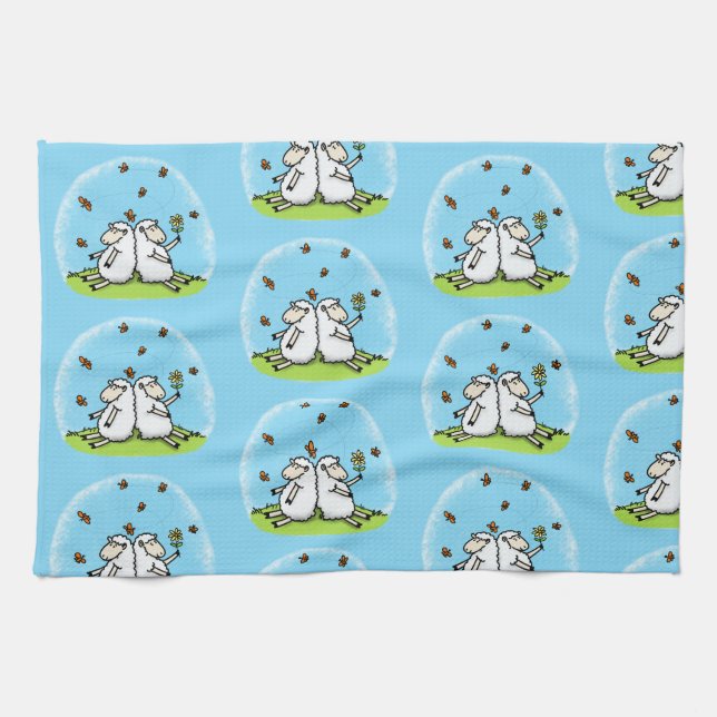 Cute sheep friends and butterflies cartoon tea towel (Horizontal)