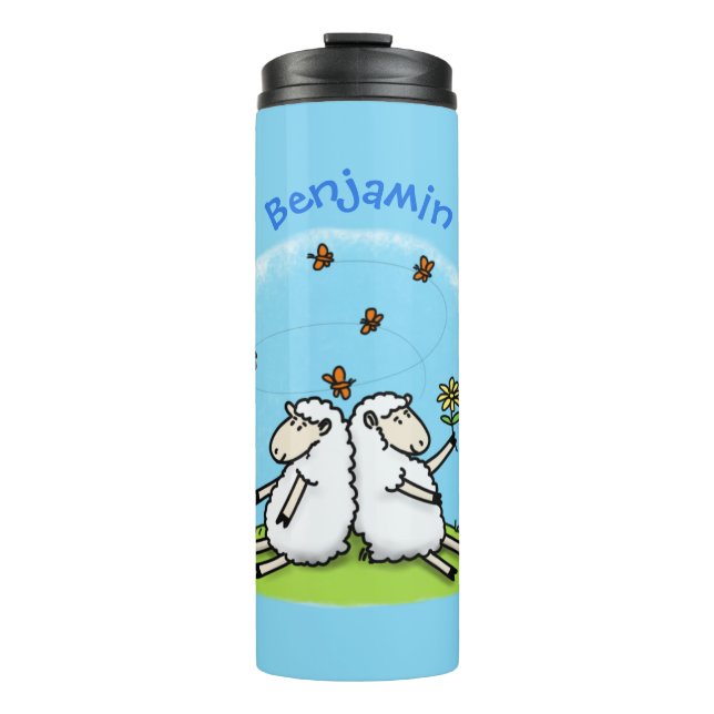 Cute sheep friends and butterflies cartoon thermal tumbler (Front)