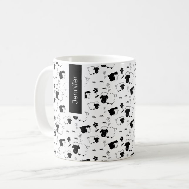 Cute Sheep Illustration Black And White Monogram Coffee Mug (Front Left)