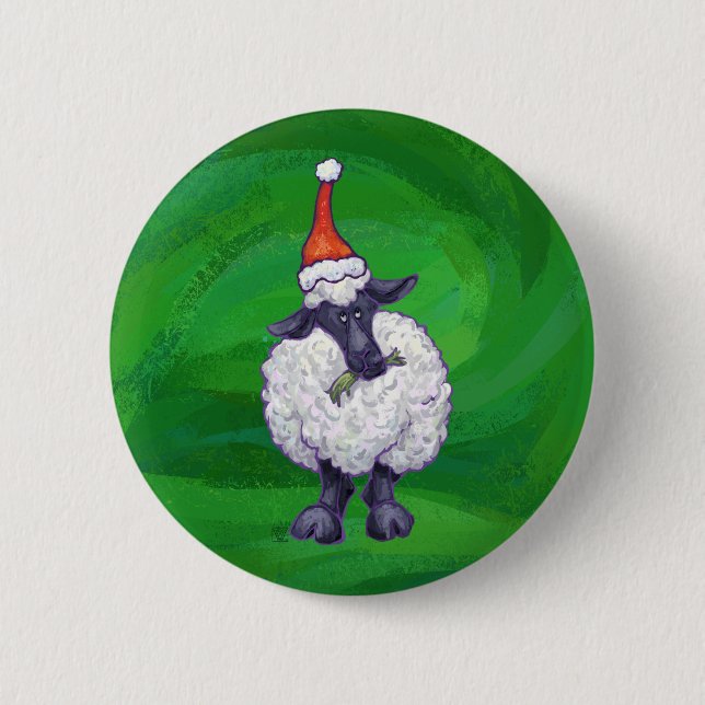 Cute Sheep in Santa Hat On Green 6 Cm Round Badge (Front)
