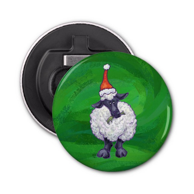 Cute Sheep in Santa Hat On Green Bottle Opener (Front)